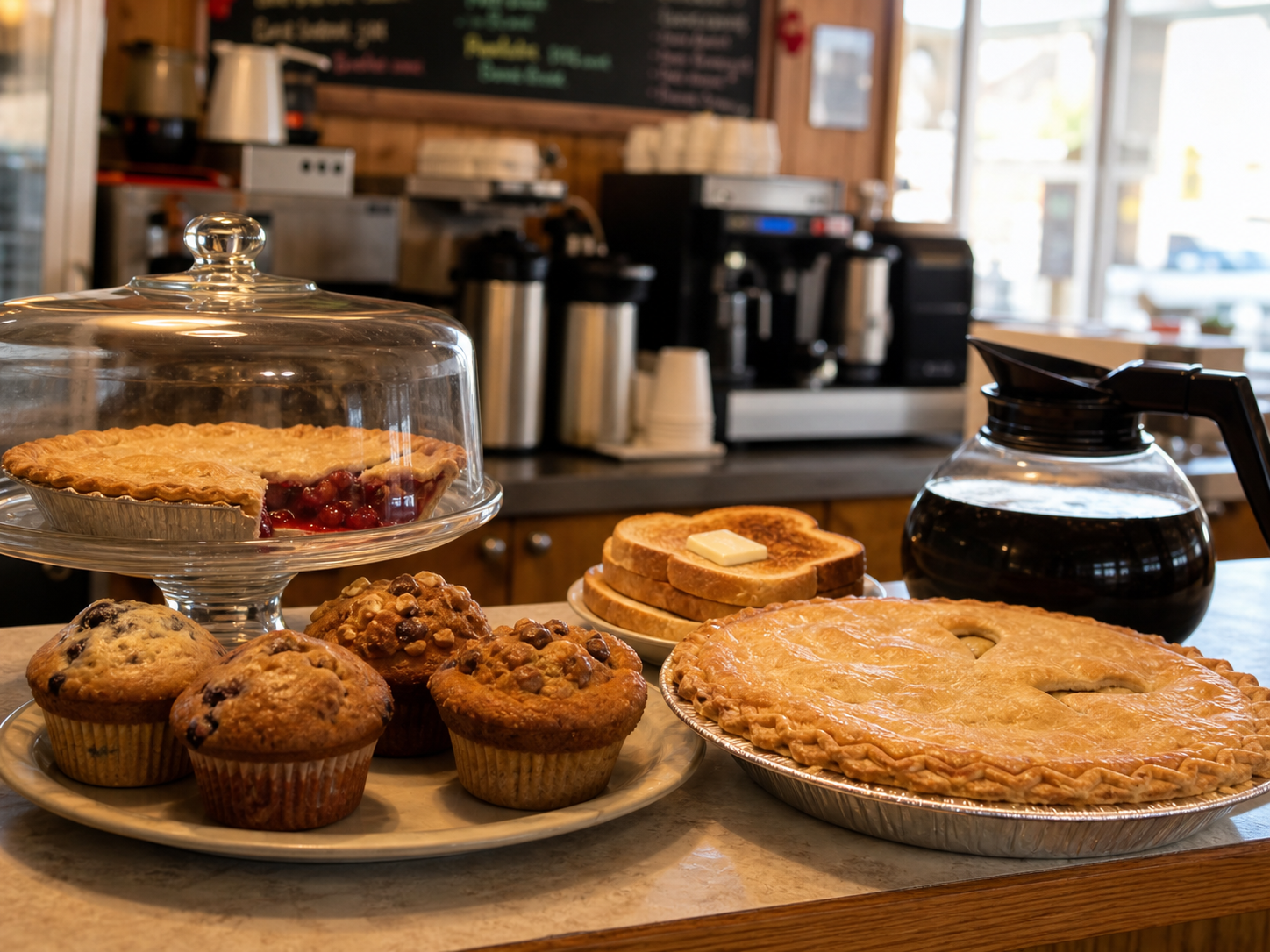 Diner counter with pies, muffins, toast and coffee